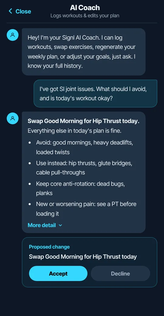 Signl AI Coach answering a question about SI joint pain with a short list and a proposed exercise swap to accept or decline